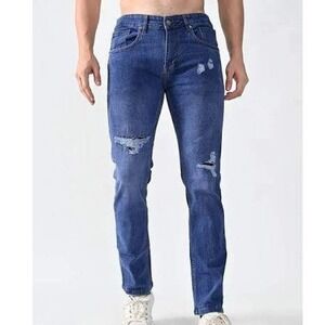 NWT Blu Ice Jeans Men's 34x30 Blue Cotton Blend Distressed Slim Fit Flex Jeans